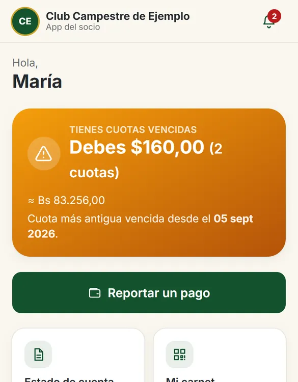 Pantalla de inicio de la app del socio con su estado de cuenta (datos de ejemplo)