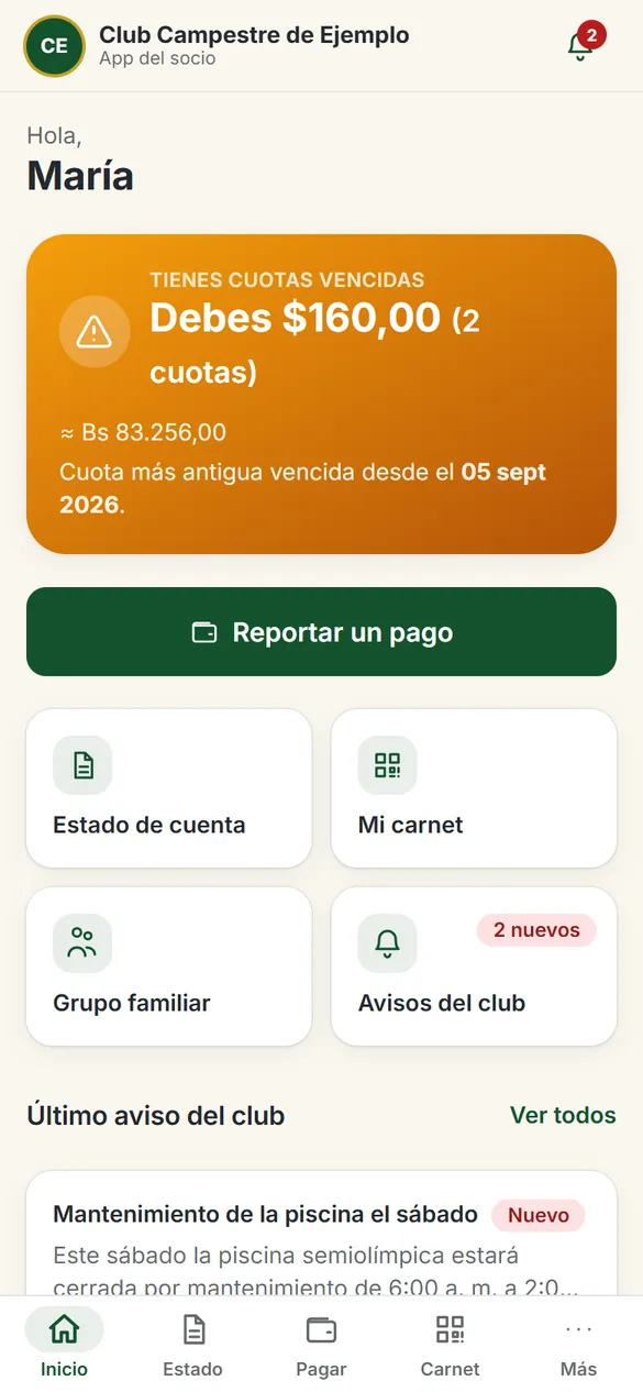 App del socio: estado de cuenta con la deuda en dólares y bolívares y el botón para reportar un pago, con datos de ejemplo