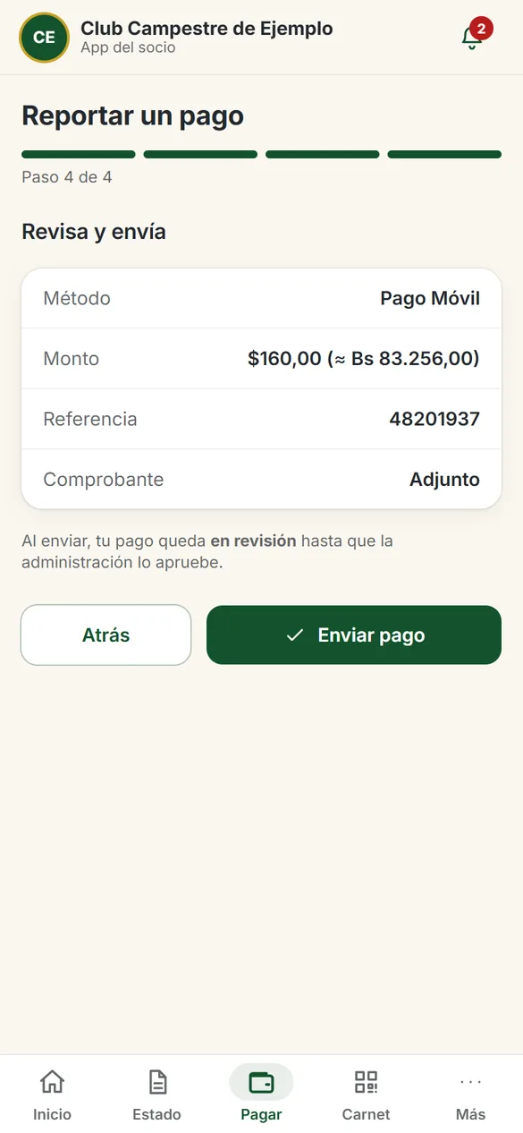 App del socio: revisión del pago antes de enviarlo, con método, monto en dólares y bolívares, referencia y comprobante (datos de ejemplo)