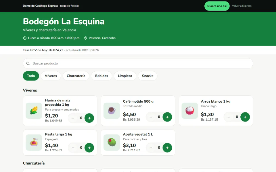 Captura de la demo del Catálogo con tasa BCV: un bodegón con productos y precios en dólares y bolívares