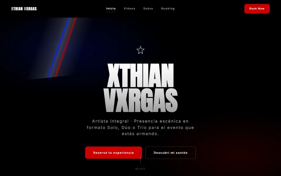 Captura de xthianvargas.com, la página de un artista con presentación y reservas